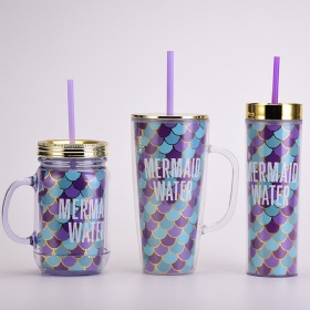 Hot Selling Plastic Cup Double Letter Mermaid Straw Cup Large Capacity Portable Outdoor Water Cup In Summer
