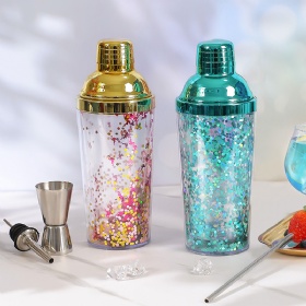 Color Customized Bar Tools Sparkling Blue Gold Tumbler With Glitter Double Wall Shaker Bottle Plastic Wine Shaker
